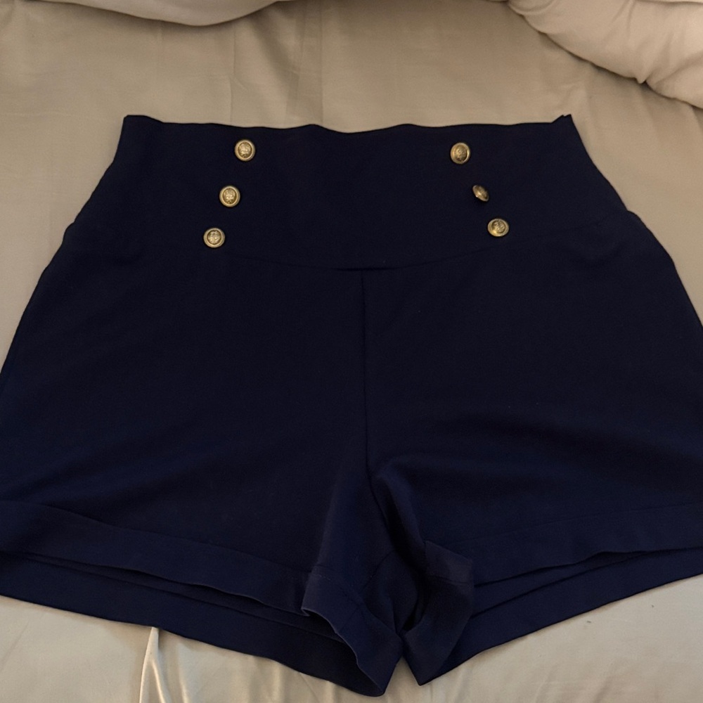 Stylish High Waist Navy Shorts with Gold Buttons